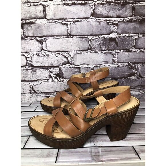 Born Handcrafted Brown Leather Ankle Cross Strap Heel Sandals Women Sz 11M US/42 - Picture 1 of 16